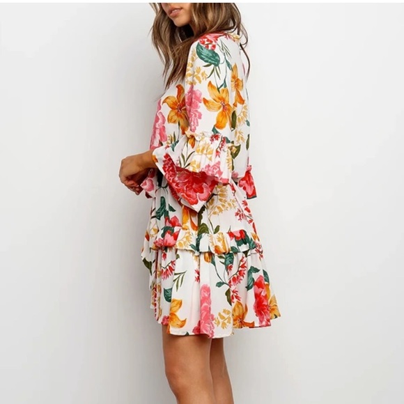 Floral Print Round Collar Pleated Dress - Picture 4 of 5